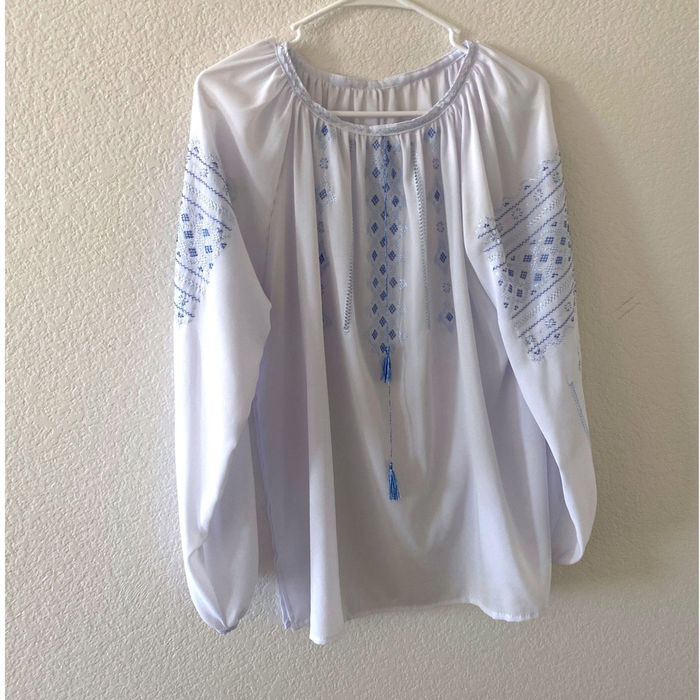 White Embroidered Peasant Blouse Blue Silver Folk Tassel Balloon Sleeve Top